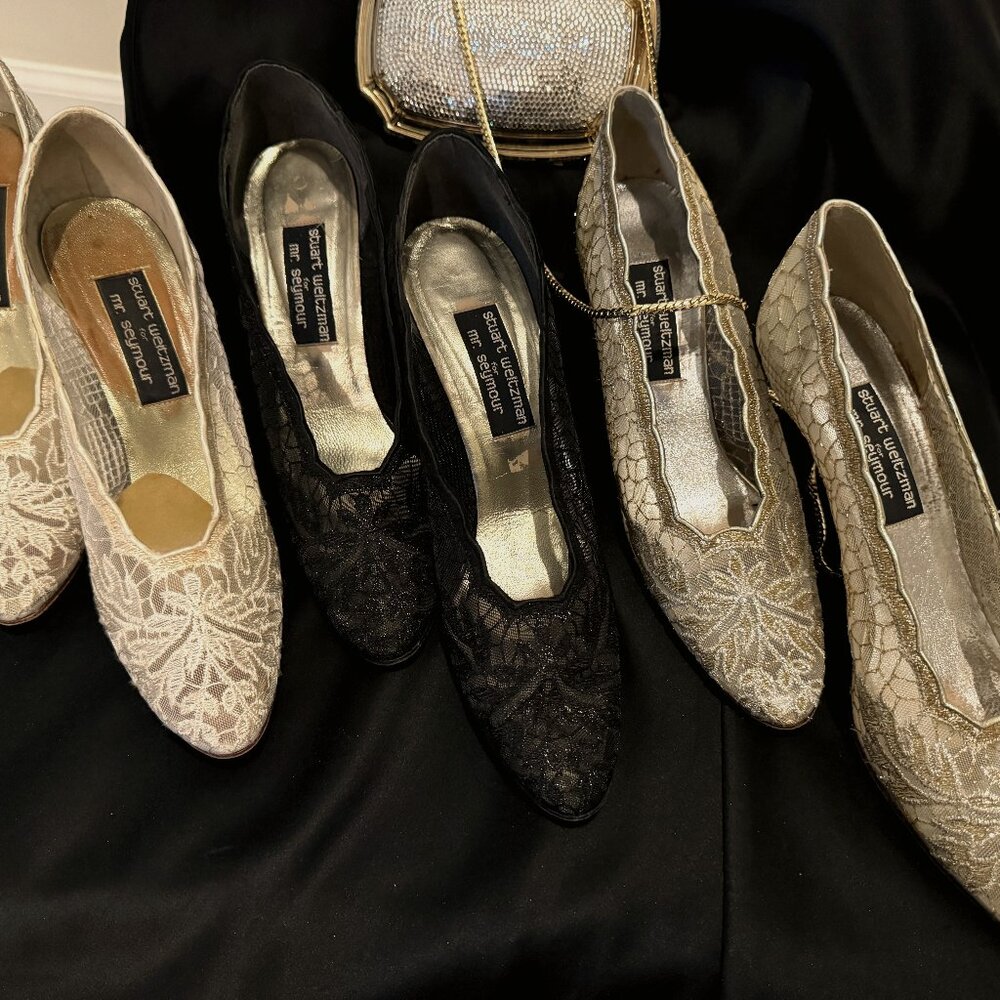 3pairs Stuart Weitzman Vintage Lace Pumps (Ivry, Blk, GldSlvr) Satin Heels 11AAA